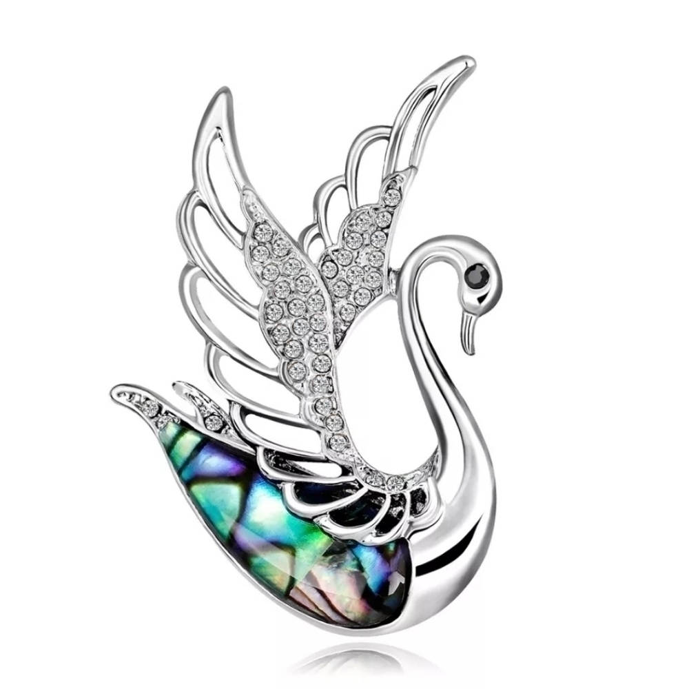 𝅺Elegant Abalone Shell Swan Brooch Crystal Embellished Pin Breastpin Accessory